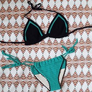Vintage Crochet Knit String Bikini Black Turquoise